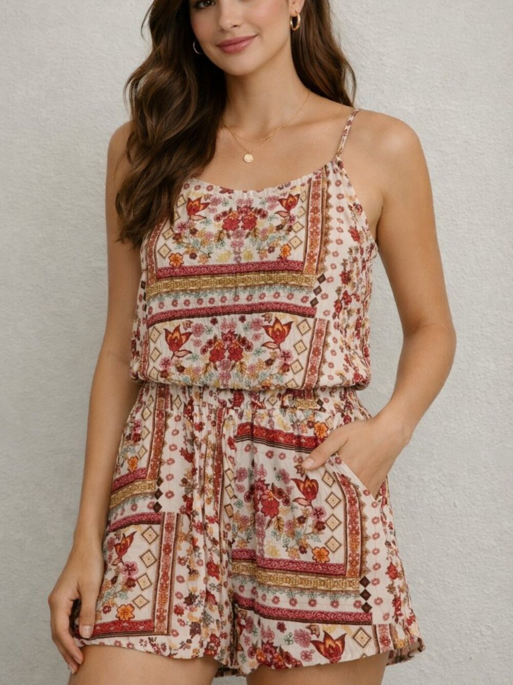 H&M Coachella Floral Boho Romper in Cream, Burgundy & Mustard Sz 2